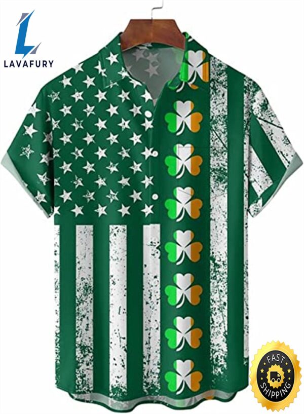 St. Patrick’s Day Irish Shamrock Ireland USA Flag Aloha Hawaiian Beach Summer Graphic Prints Button Up Shirt