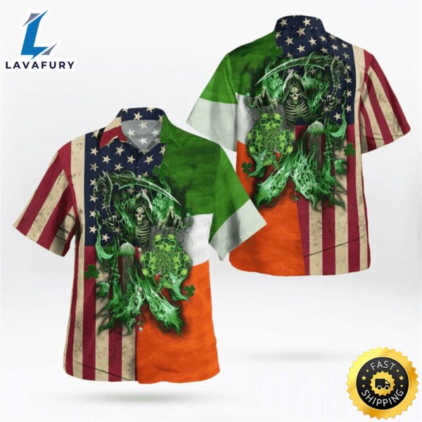 St. Patrick’s Day Trendy Hawaiian Shirt, Irish Grim Reaper Irish Flag And American Flag Hawaii Shirt