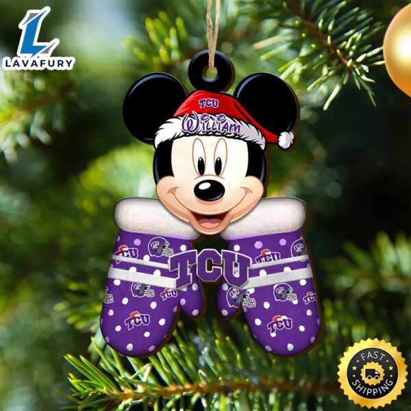 TCU Horned Frogs Team And Mickey Mouse NCAA With Glovers Wooden Ornament Personalized Your Name