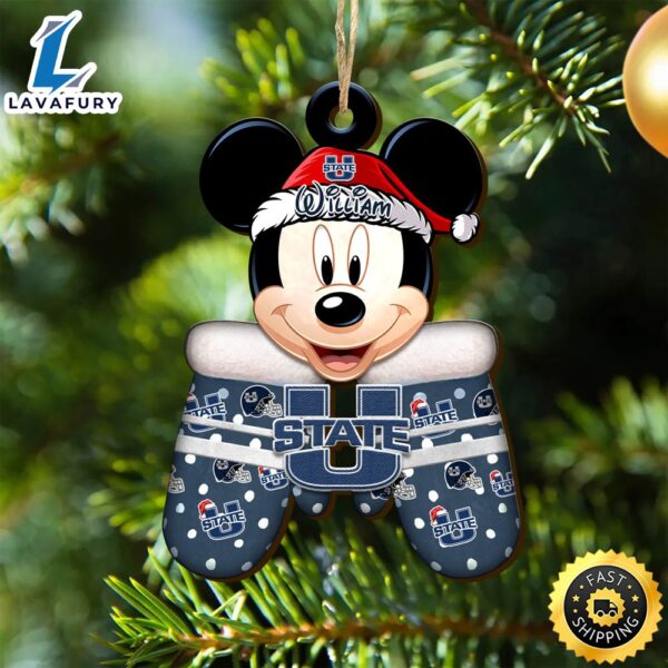 Utah State Aggies Team And Mickey Mouse NCAA With Glovers Wooden Ornament Personalized Your Name