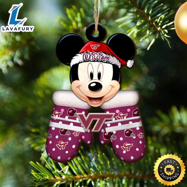 Virginia Tech Hokies Team And Mickey Mouse NCAA With Glovers Wooden Ornament Personalized Your Name