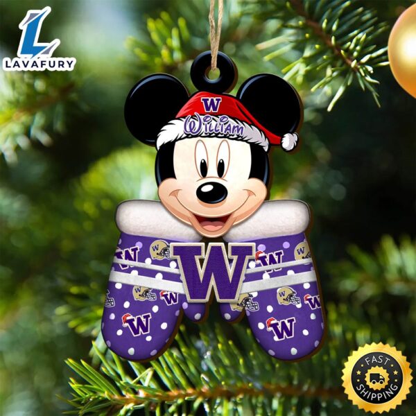 Washington Huskies Team And Mickey Mouse NCAA With Glovers Wooden Ornament Personalized Your Name