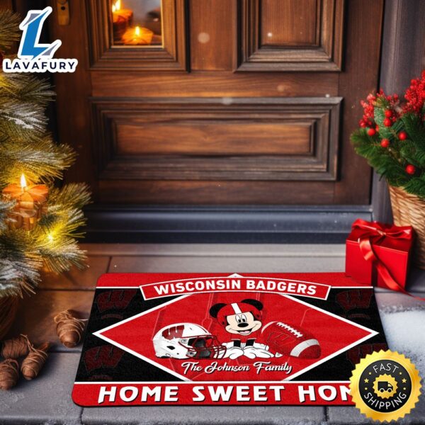 Wisconsin Badgers Doormat Custom Your Family Name Sport Team And Mickey Mouse NCAA Doormat