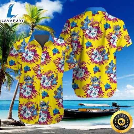 Yellow Aloha Disney Stitch Hawaiian Shirt Tropical Flower Pattern