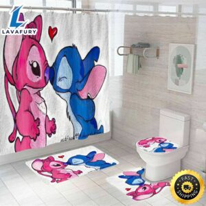 3d Cartoon Lilo And Stitch Love Shower Curtain Set Waterproof Bath Toilet Cover Rug