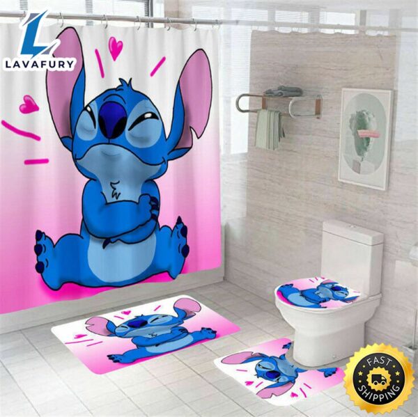 3d Cartoon Lilo And Stitch Shower Curtain Set Waterproof Bath Toilet Cover Rug