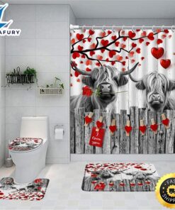 4 Piece Valentine’s Day Cow Shower Curtain Sets Rustic Farmhouse Highland Cows Country Romantic Red Love Heart Tree Branches Wooden Rose Rugs Toilet Lid Cover Bath Mat Bathroom Curtains Set