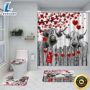 4 Piece Valentine’s Day Cow Shower Curtain Sets Rustic Farmhouse Highland Cows Country Romantic Red Love Heart Tree Branches Wooden Rose Rugs Toilet Lid Cover Bath Mat Bathroom Curtains Set