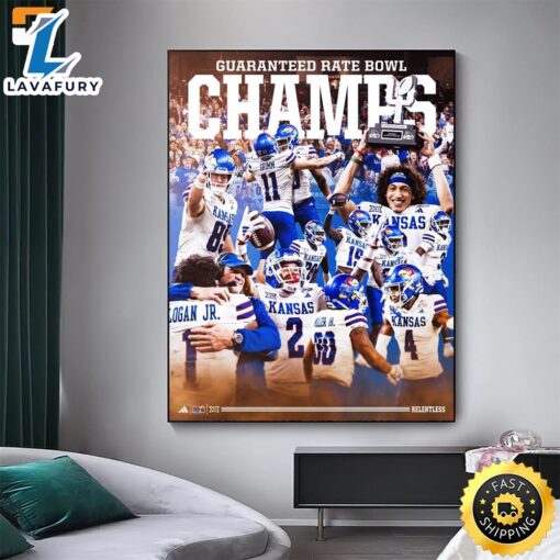 9 Wins And Guaranteed Rate Bowl Champions For Kansas Jayhawks NCAA Football Home Decor Poster Canvas