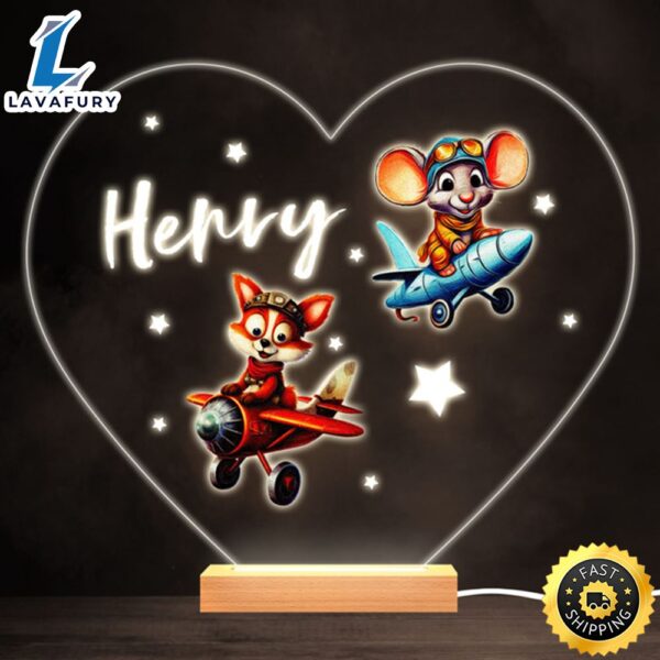 Aeroplane Flying Fox And Mouse Bright Heart Personalised Gift Lamp Night Light
