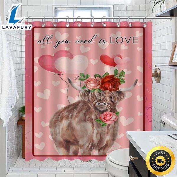 All You Need Is Love Valentines Bathroom Curtain Valentine’s Day Highland Cow Bull Bathroom Shower Curtain Sets Bathroom Decor