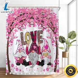 Anncsssy Valentine’s Day Theme Shower Curtain With White Tassel Love Gnome Pink Heart Shape Tree Shower Curtain For Bathroom