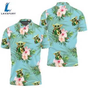 Baby Yoda Hugging Avocadoes Seamless Tropical Colorful Flowers On Teal Polo Shirt