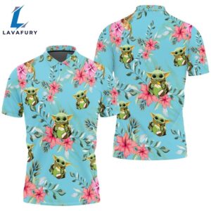Baby Yoda Hugging Coconuts Seamless Tropical Colorful Flowers On Teal Polo Shirt