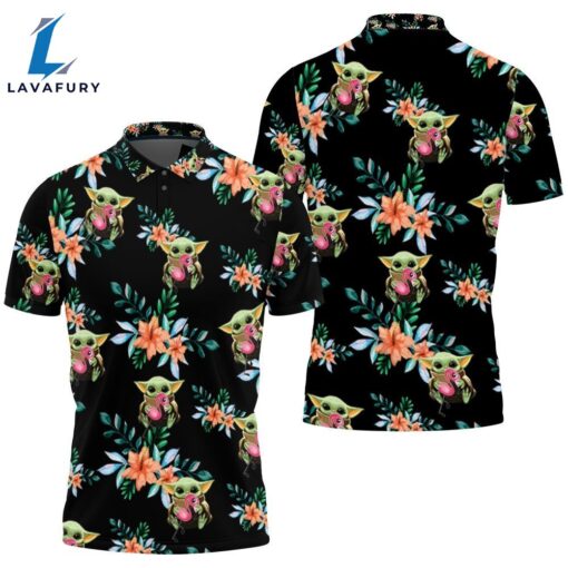 Baby Yoda Hugging Flamingos Seamless Tropical Colorful Flowers On Black Polo Shirt