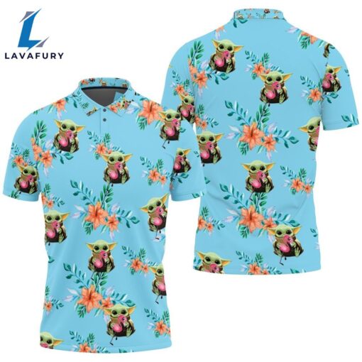 Baby Yoda Hugging Flamingos Seamless Tropical Colorful Flowers On Teal Polo Shirt