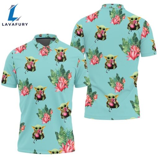 Baby Yoda Hugging Flamingos Seamless Tropical Leaves Lotuses On Teal Polo Shirt