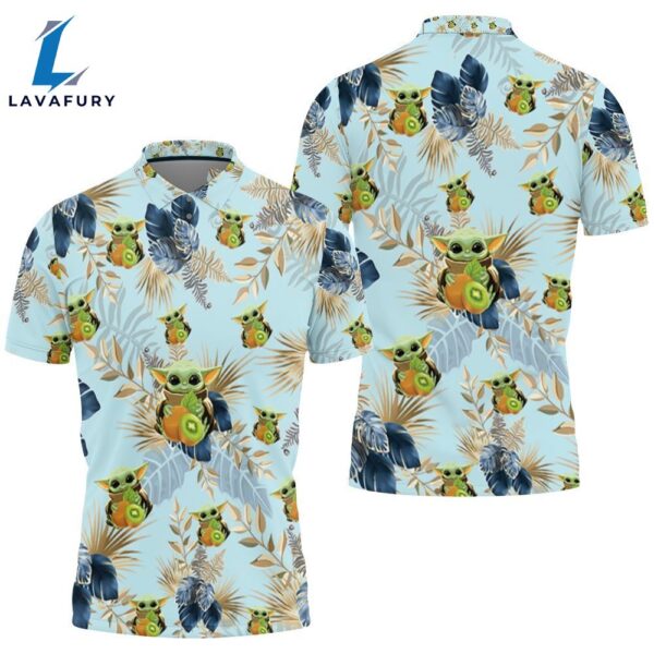 Baby Yoda Hugging Kiwis Blue Seamless Tropical Colorful Flowers On Teal Polo Shirt