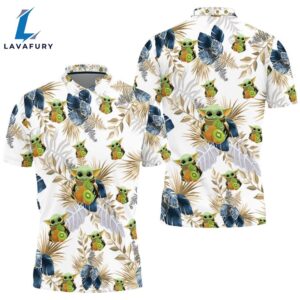 Baby Yoda Hugging Kiwis Seamless Tropical Blue And Green Leaves On White Polo Shirt