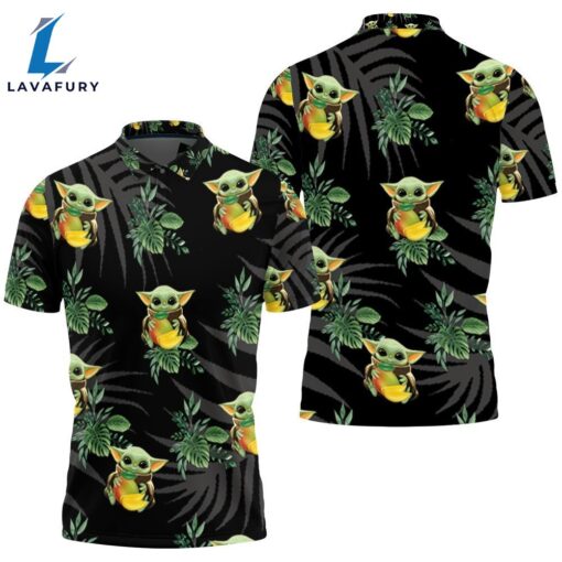 Baby Yoda Hugging Kiwis Seamless Tropical Green Leaves On Black Polo Shirt