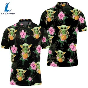 Baby Yoda Hugging Pineapples Seamless Tropical Colorful Flowers On Black Polo Shirt
