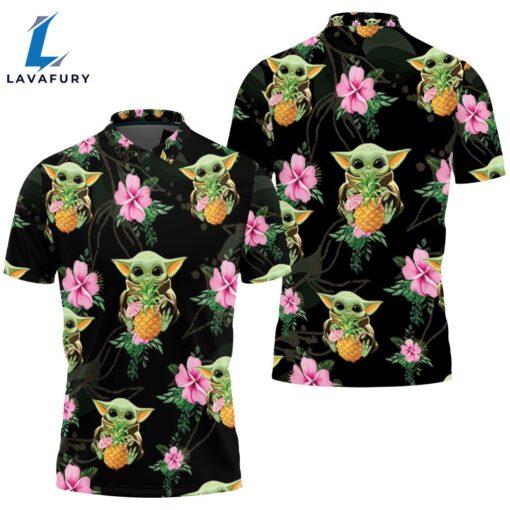 Baby Yoda Hugging Pineapples Seamless Tropical Colorful Flowers On Black Polo Shirt