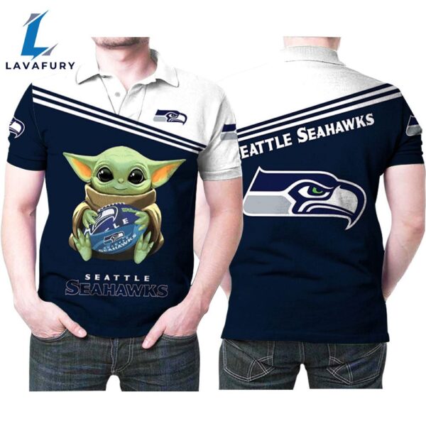 Baby Yoda Hugs Seattle Seahawks Ball Logo 3D Printed Gift For Seattle Seahawks Fan Polo Shirt