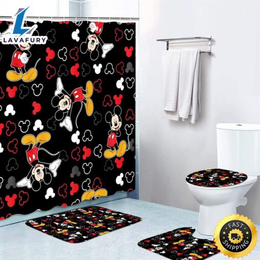 Big Ear Mickey Waterproof Shower Curtain Toilet Lid Cover Bath Mat Rug