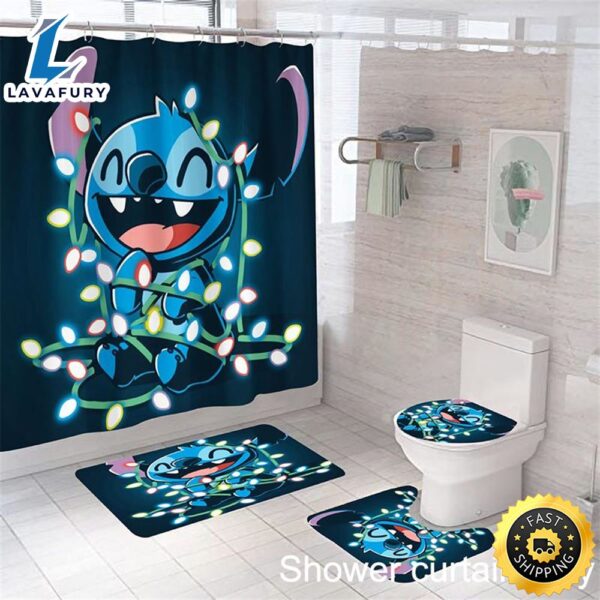 Black Lilo & Stitch Waterproof Shower Curtain Bathroom Mat Rug Toilet Cover Mat