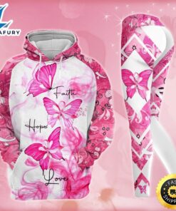 Breast Cancer Awareness Butterfly Hoodie Leggings Set Survivor Gifts