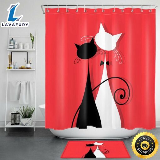 Cat Couple Valentines Day Shower Curtains Cute Pet Bathroom Set Valentine Decor Idea