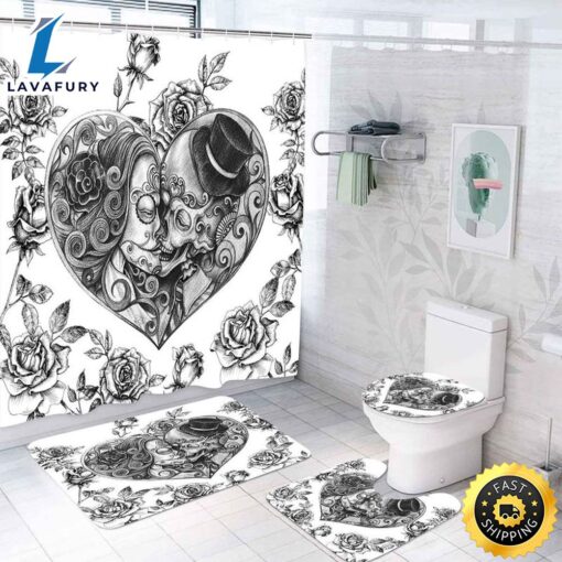 Couple Skulls Tattoo Shower Curtain Hand Pencil Drawing Shower Curtain Skull Curtain For Valentine