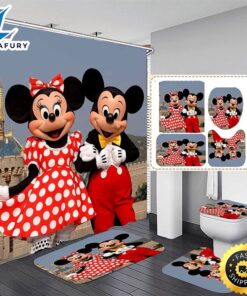Cute Mickey Minnie Mouse Bathroom Set Shower Curtain Bath Mat Toilet Lid Cover