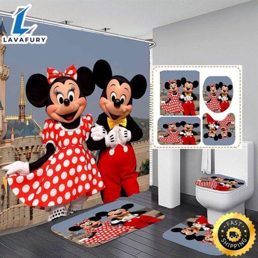 Cute Mickey Minnie Mouse Bathroom Set Shower Curtain Bath Mat Toilet Lid Cover