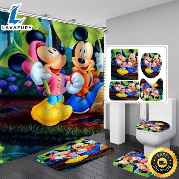 Cute Mickey Waterproof Shower Curtain Bath Toilet Cover Set