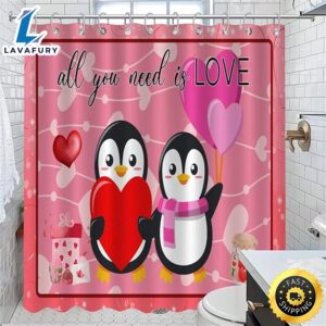 Cute Penguin’ Valentines All You Need Is Love Bathroom Shower Curtain Penguin’ Lovers Couple With Heart Shower Curtain For Bathroom Home Decorations