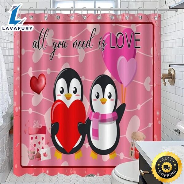 Cute Penguin’ Valentines All You Need Is Love Bathroom Shower Curtain Penguin’ Lovers Couple With Heart Shower Curtain For Bathroom Home Decorations