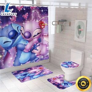 Decor Waterproof Cartoon Stitch In Love Shower Curtain Sets, Bathroom Sets