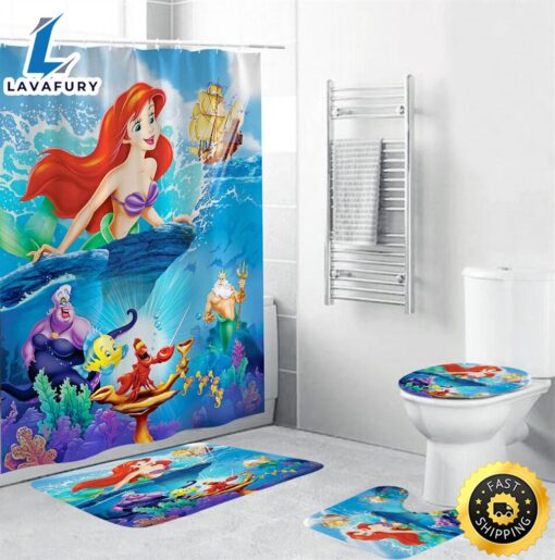 Disney Bathroom Set Shower Curtain Bath Mat Toilet Lid Cover