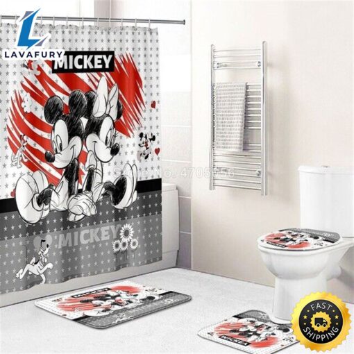 Disney Cartoon Mickey Minie Mouse Love Cute Shower Curtain Sets, Bathroom Sets