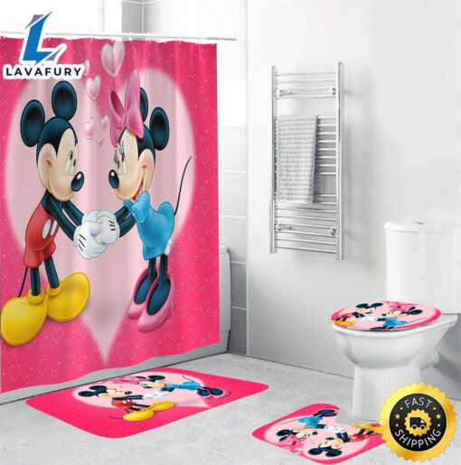 Disney Cartoon Mickey Minie Mouse Love Shower Curtain Sets, Bathroom Set