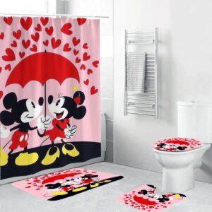 Disney Cartoon Mickey Minie Mouse Sweet Heart Shower Curtain Sets, Bathroom Sets