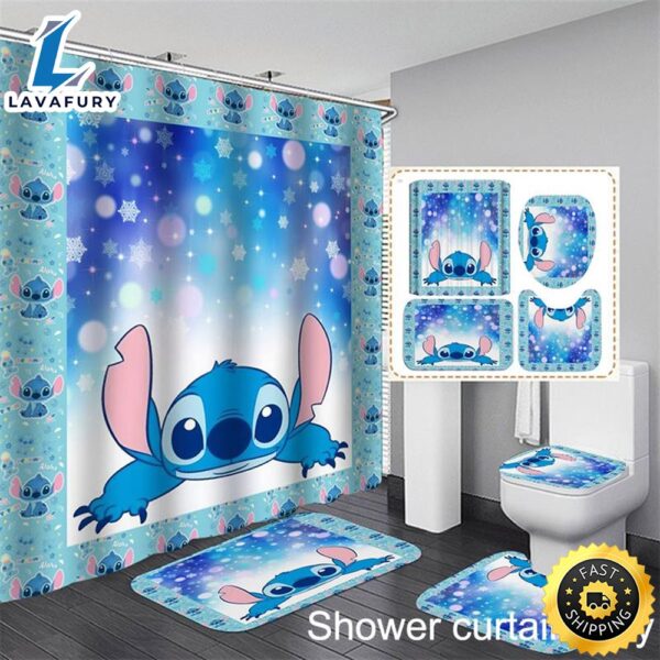 Disney Lilo & Stitch Waterproof Shower Curtain Bathroom Mat Rug Toilet Cover Mat