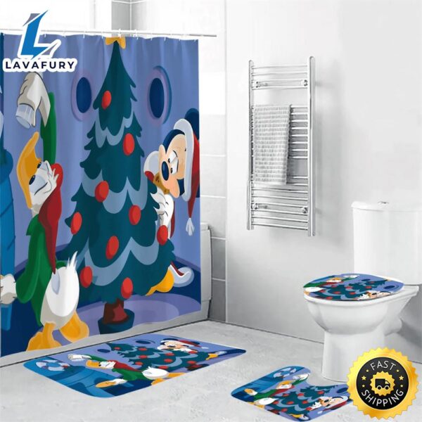 Disney Mickey Mouse Christmas Mickey And Donald 1 Shower Curtain Non-Slip Toilet Lid Cover Bath Mat – Bathroom Set Fans Gifts