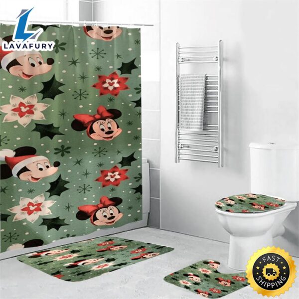 Disney Mickey Mouse Christmas Mickey And Minnie Green 1 Shower Curtain Non-Slip Toilet Lid Cover Bath Mat – Bathroom Set Fans Gifts