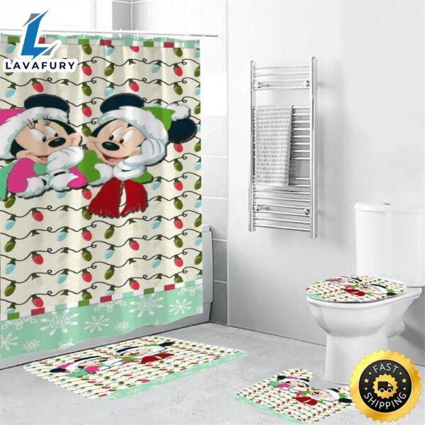 Disney Mickey Mouse Christmas Mickey And Minnie Green 2 Shower Curtain Non-Slip Toilet Lid Cover Bath Mat – Bathroom Set Fans Gifts