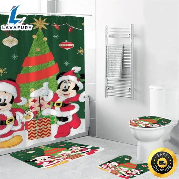 Disney Mickey Mouse Christmas Mickey And Minnie Green 3 Shower Curtain Non-Slip Toilet Lid Cover Bath Mat – Bathroom Set Fans Gifts