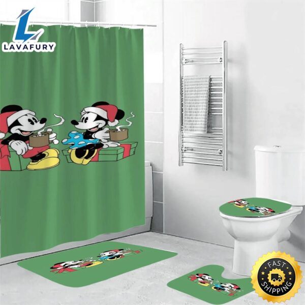 Disney Mickey Mouse Christmas Mickey And Minnie Green 4 Shower Curtain Non-Slip Toilet Lid Cover Bath Mat – Bathroom Set Fans Gifts