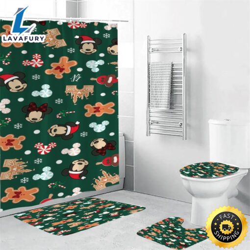 Disney Mickey Mouse Christmas Mickey And Minnie Green 5 Shower Curtain Non-Slip Toilet Lid Cover Bath Mat – Bathroom Set Fans Gifts