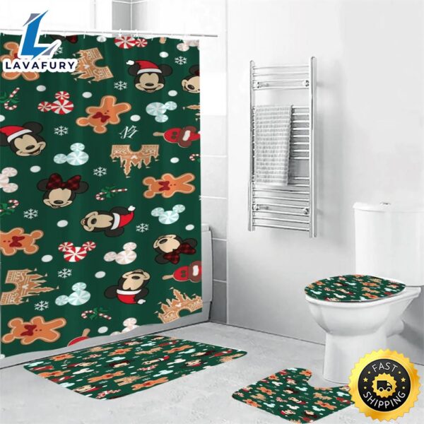 Disney Mickey Mouse Christmas Mickey And Minnie Green 5 Shower Curtain Non-Slip Toilet Lid Cover Bath Mat – Bathroom Set Fans Gifts